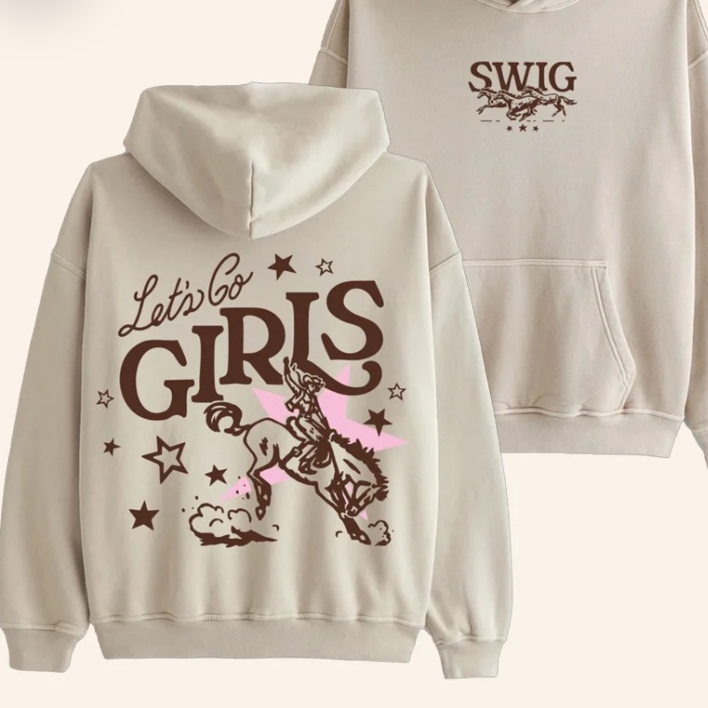 SWIG Merch Beige Hoodie with Brown and Pink Graphic